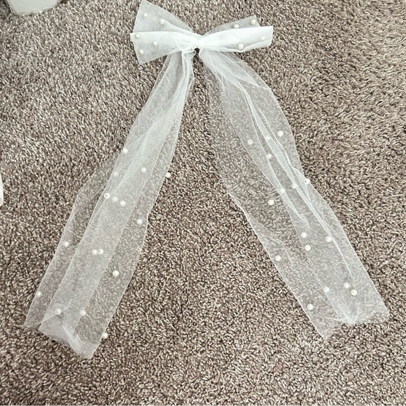 Accessories - White Sheer Tulle Hair Bow with Pearl Embellishments